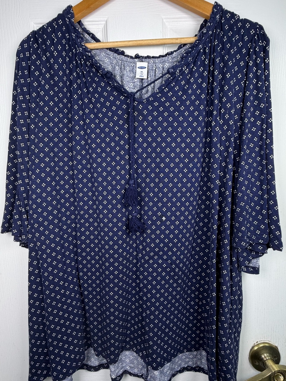 Old Navy Navy Peasant Tunic XXL Boho Tassel Tie Geometric Print Flowy 3/4 Sleeve